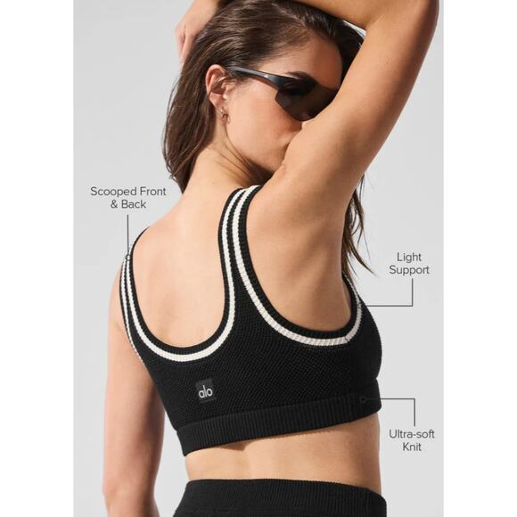 NWT $78 Alo Yoga Tennis Club Sweater Knit Bra Black White - Picture 3 of 6